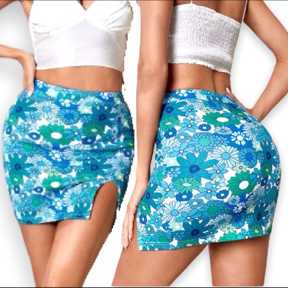 New Boho Floral Print Blue Green White Split Hem High Waist Bodycon Mini Skirt - Picture 8 of 13